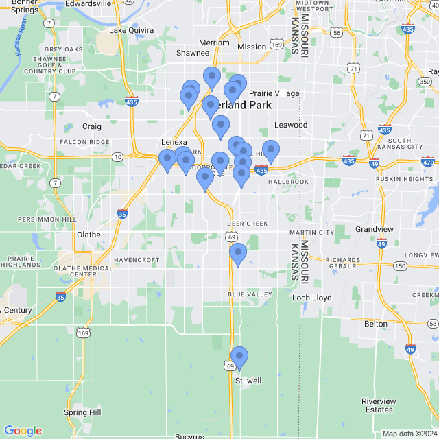 Map of veterinarians in Overland Park, KS