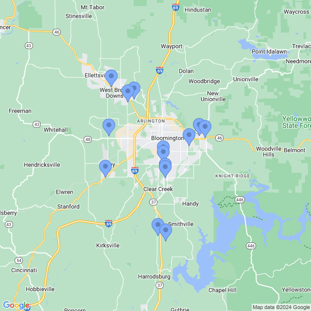 Map of veterinarians in Bloomington, IN