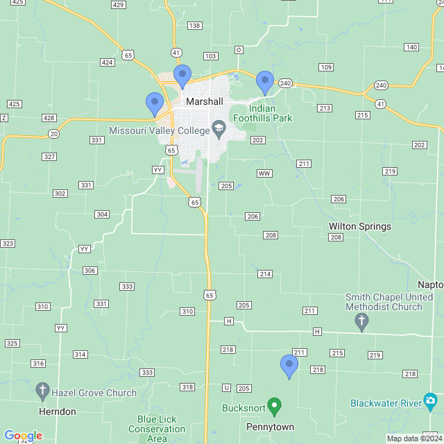 Map of veterinarians in Marshall, MO