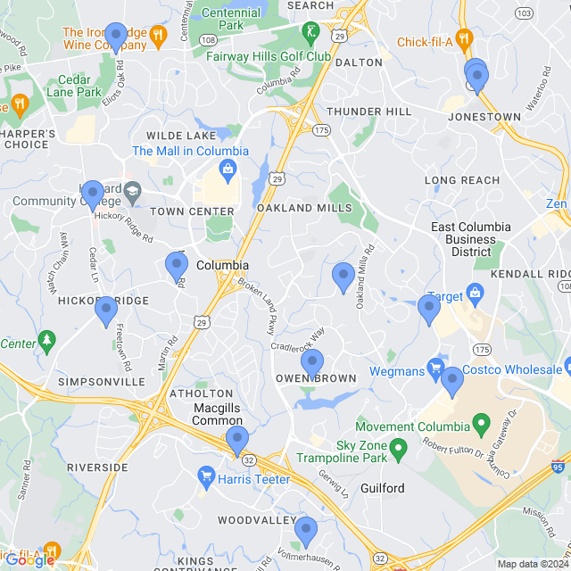 Map of veterinarians in Columbia, MD