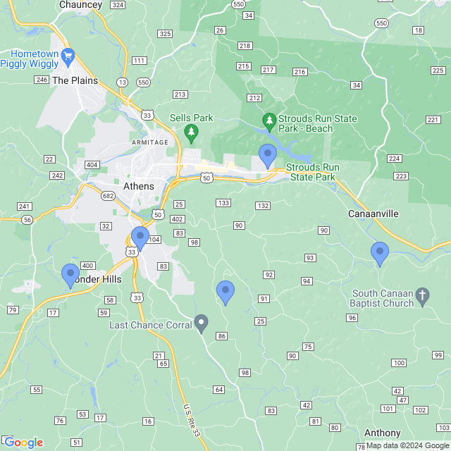 Map of veterinarians in Athens, OH