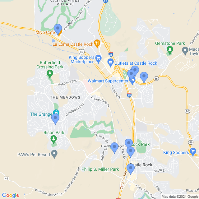 Map of veterinarians in Castle Rock, CO