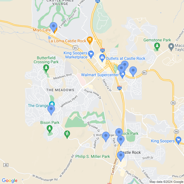 Map of veterinarians in Castle Rock, CO