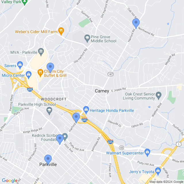 Map of veterinarians in Parkville, MD