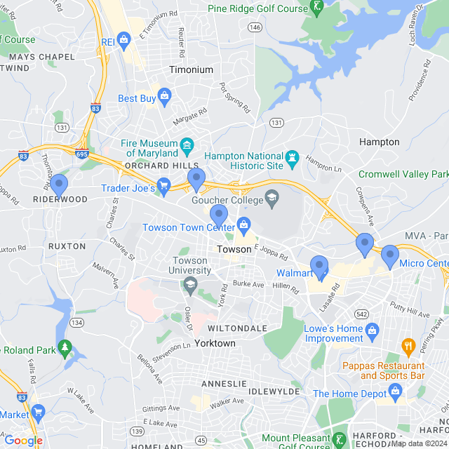 Map of veterinarians in Towson, MD
