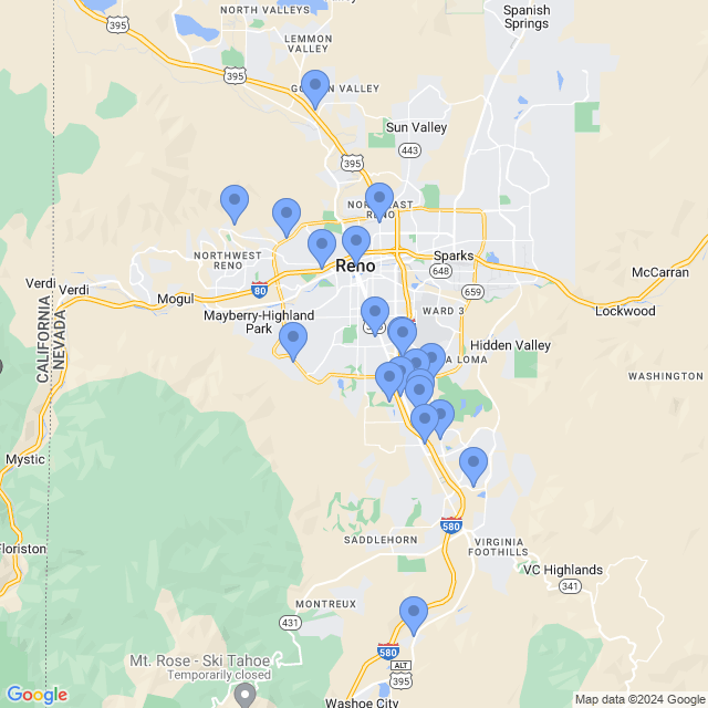 Map of veterinarians in Reno, NV