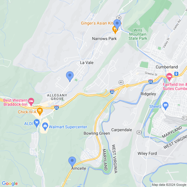 Map of veterinarians in Cumberland, MD