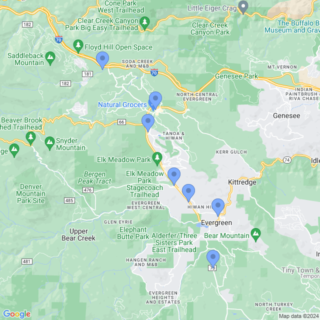 Map of veterinarians in Evergreen, CO