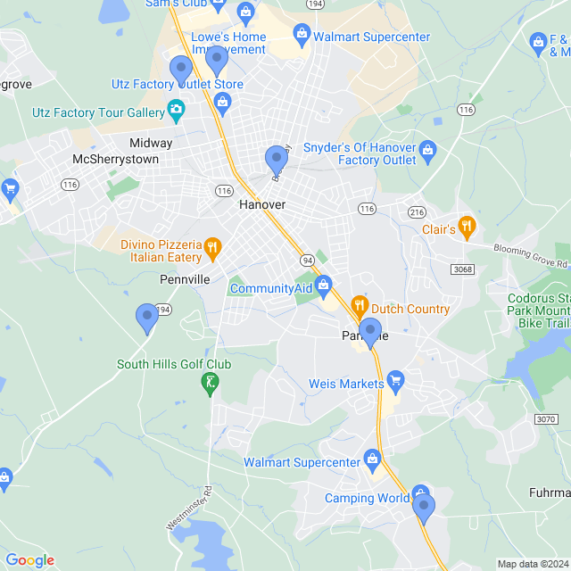 Map of veterinarians in Hanover, PA