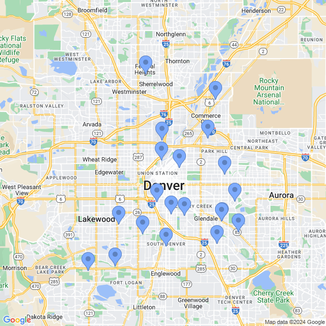 Map of veterinarians in Denver, CO