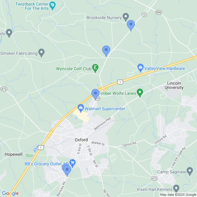 Map of veterinarians in Oxford, PA