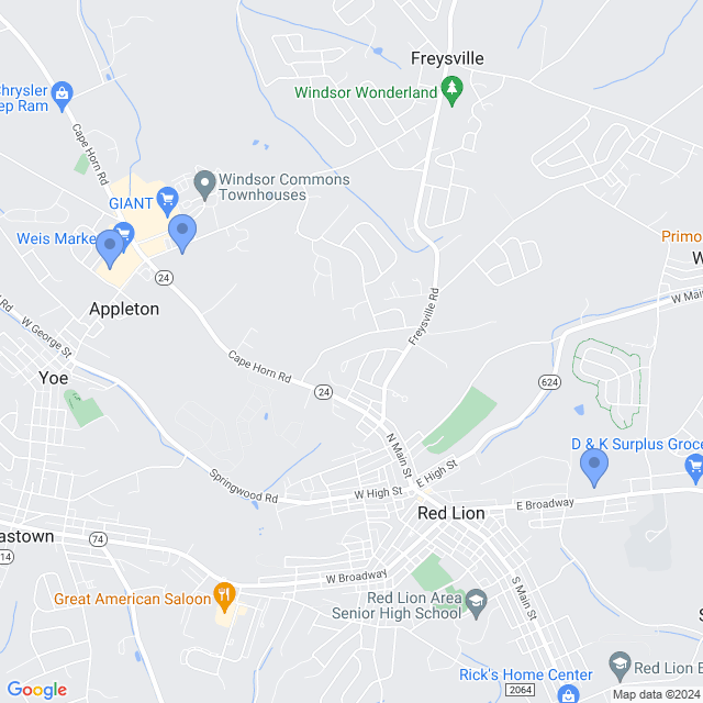 Map of veterinarians in Red Lion, PA