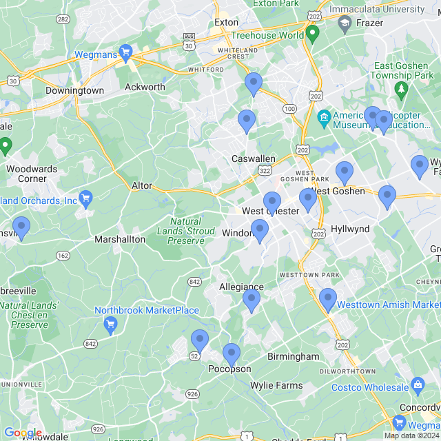 Map of veterinarians in West Chester, PA