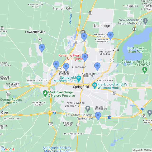 Map of veterinarians in Springfield, OH