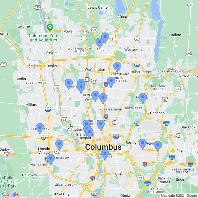 Map of veterinarians in Columbus, OH