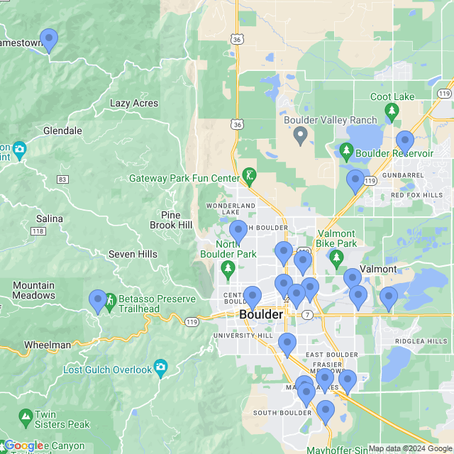 Map of veterinarians in Boulder, CO