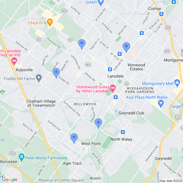 Map of veterinarians in Lansdale, PA