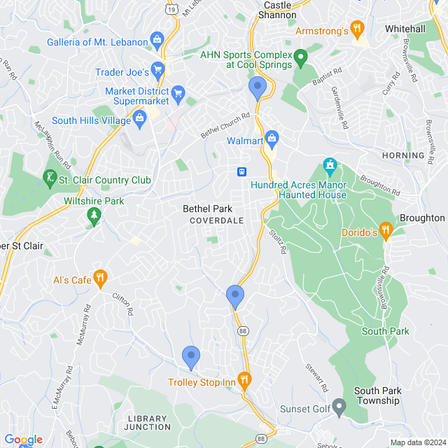 Map of veterinarians in Bethel Park, PA
