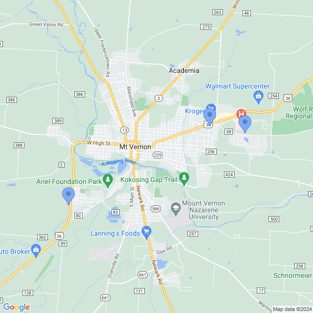 Map of veterinarians in Mt Vernon, OH