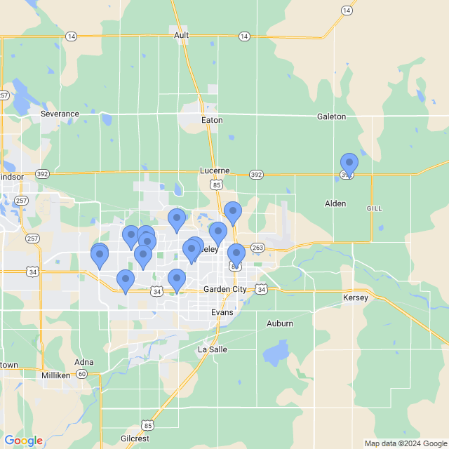Map of veterinarians in Greeley, CO