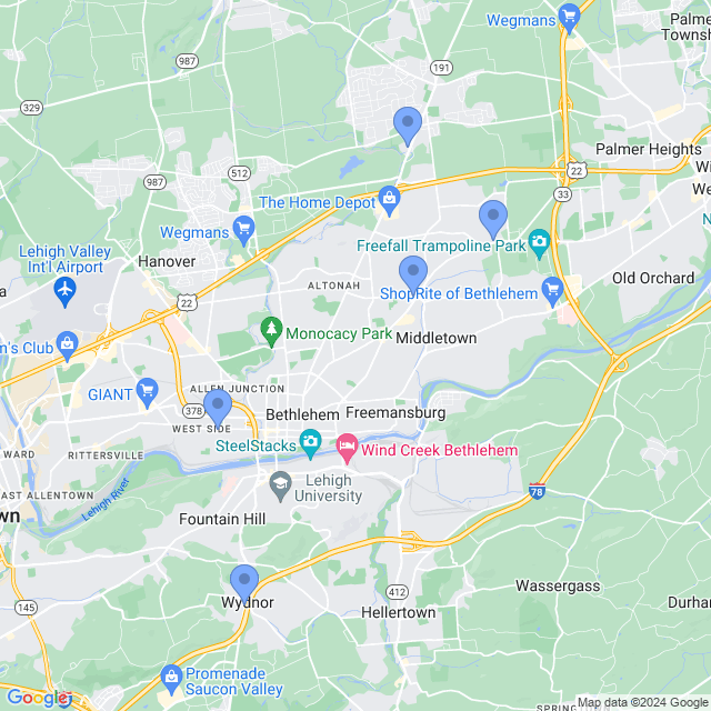 Map of veterinarians in Bethlehem, PA