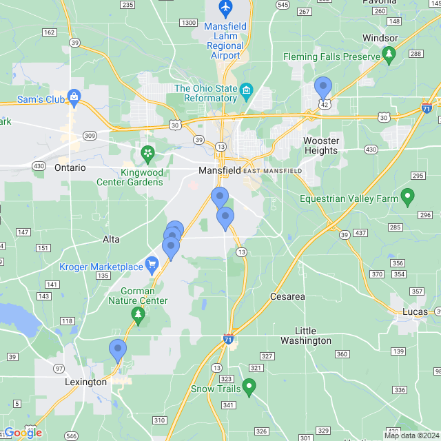 Map of veterinarians in Mansfield, OH