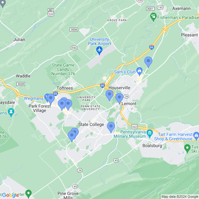 Map of veterinarians in State College, PA