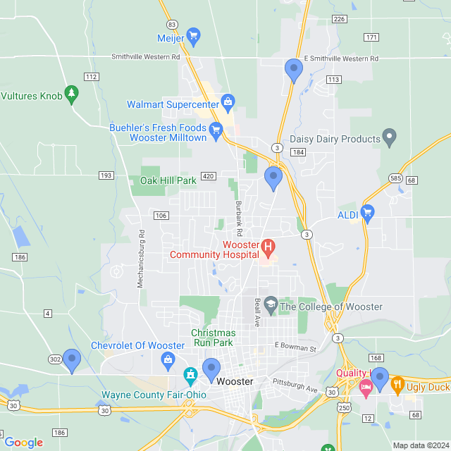 Map of veterinarians in Wooster, OH