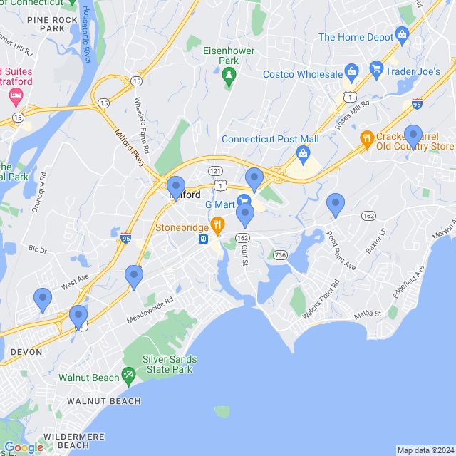 Map of veterinarians in Milford, CT