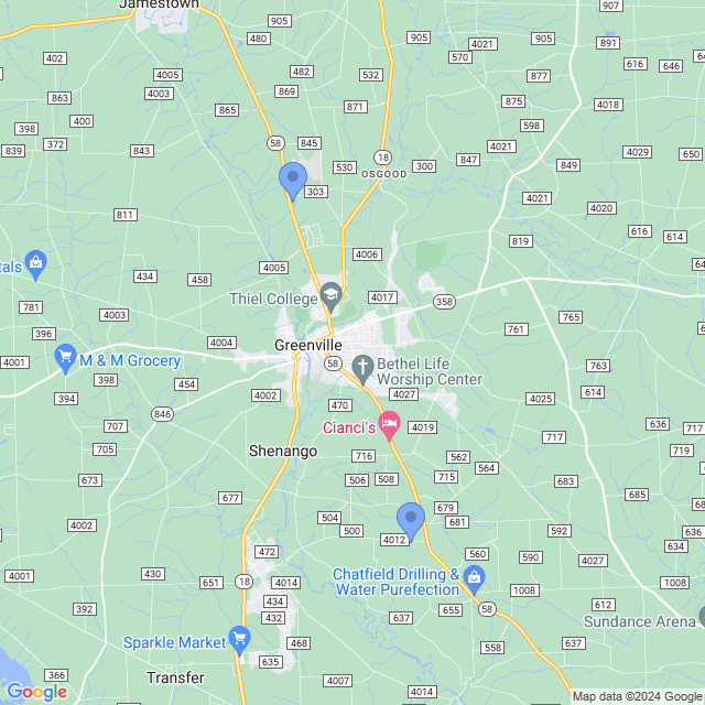Map of veterinarians in Greenville, PA
