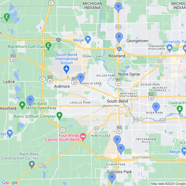 Map of veterinarians in South Bend, IN