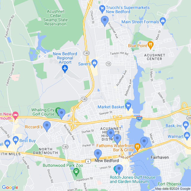 Map of veterinarians in New Bedford, MA
