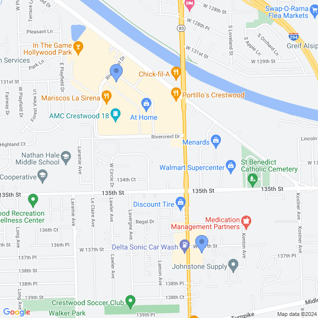 Map of veterinarians in Crestwood, IL