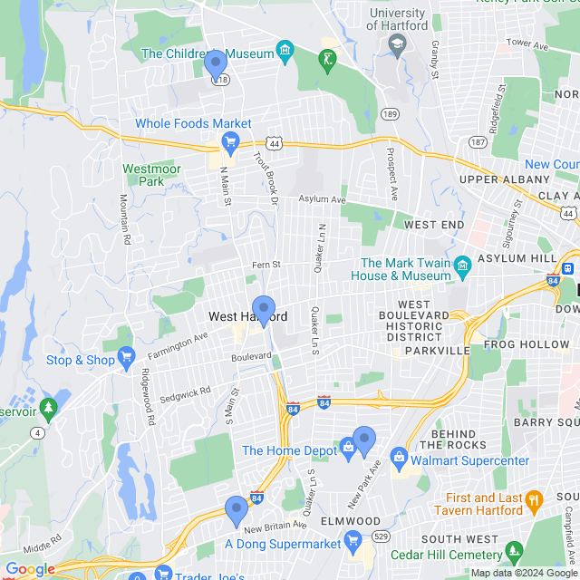 Map of veterinarians in West Hartford, CT