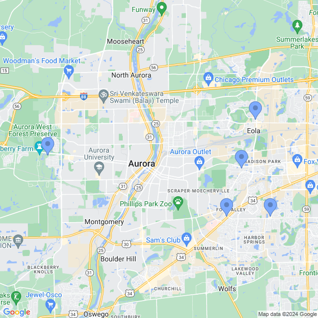 Map of veterinarians in Aurora, IL