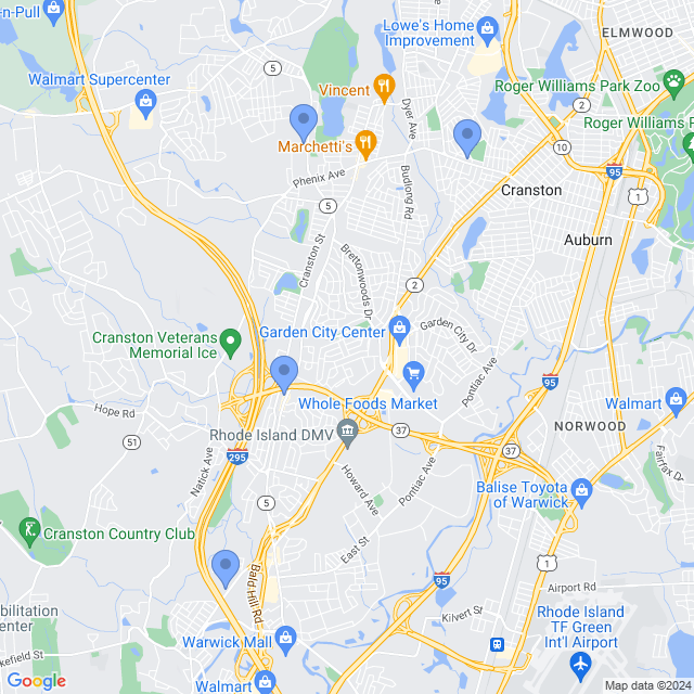 Map of veterinarians in Cranston, RI