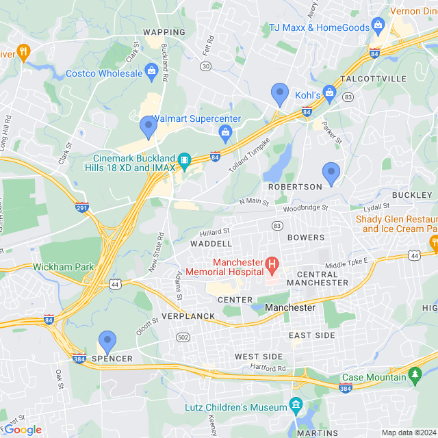 Map of veterinarians in Manchester, CT