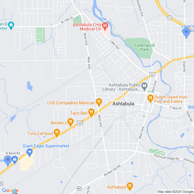 Map of veterinarians in Ashtabula, OH