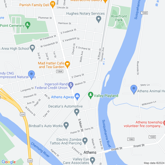 Map of veterinarians in Athens, PA