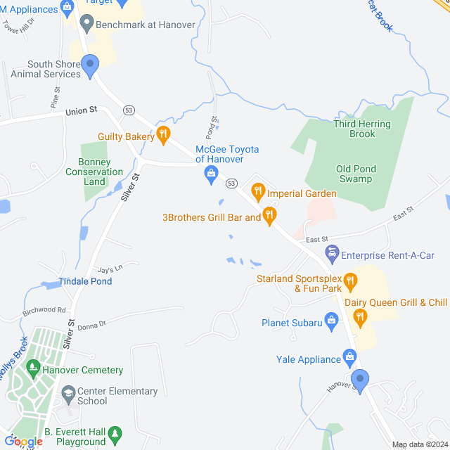 Map of veterinarians in Hanover, MA