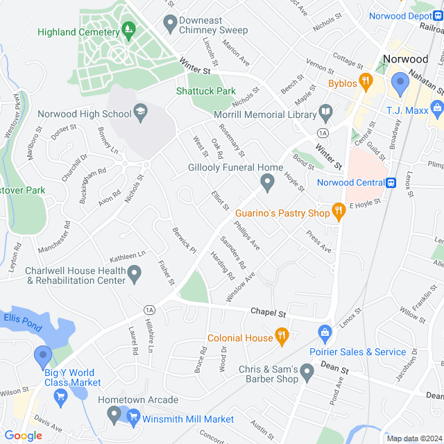 Map of veterinarians in Norwood, MA