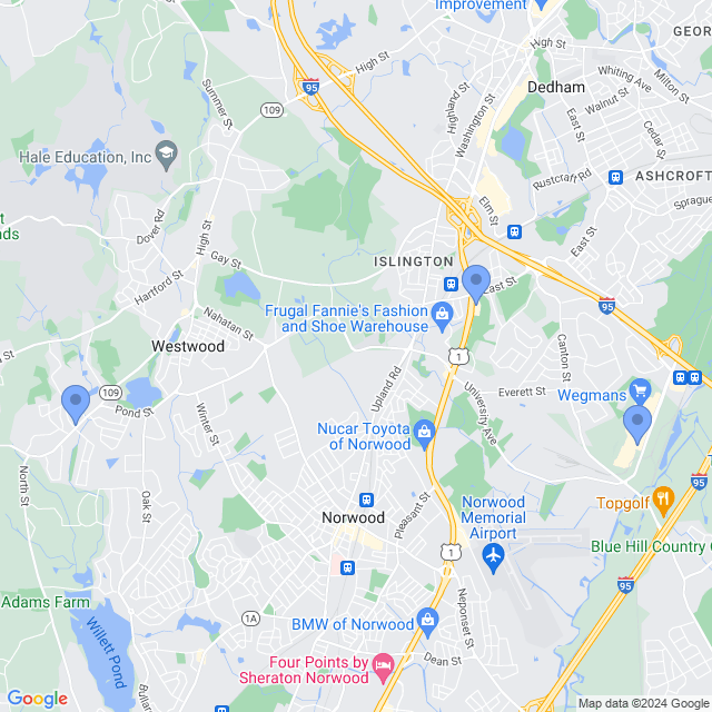 Map of veterinarians in Westwood, MA