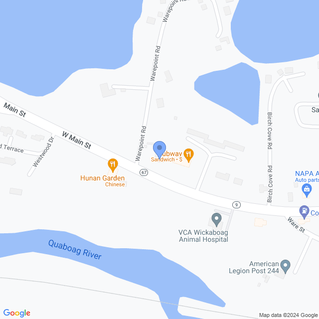 Map of veterinarians in West Brookfield, MA