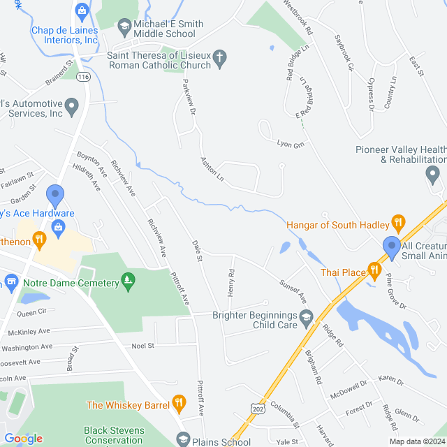 Map of veterinarians in South Hadley, MA