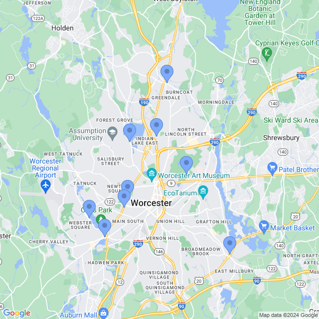 Map of veterinarians in Worcester, MA