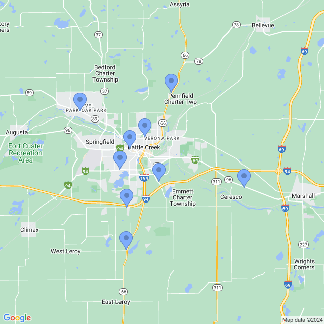 Map of veterinarians in Battle Creek, MI