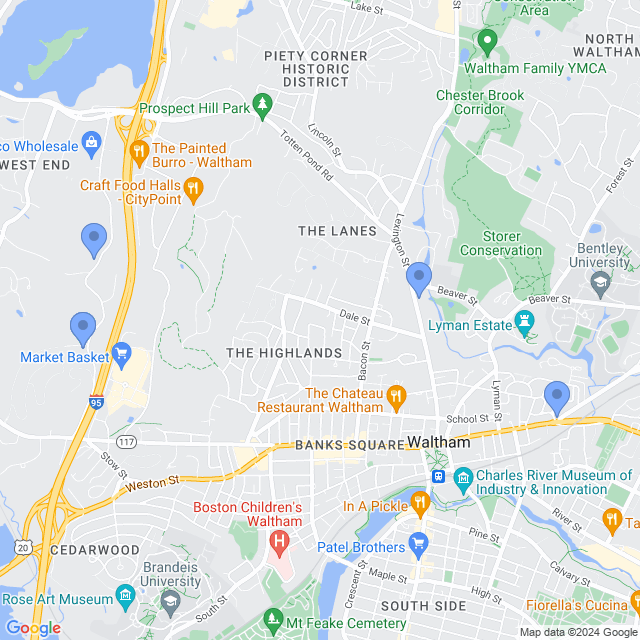 Map of veterinarians in Waltham, MA