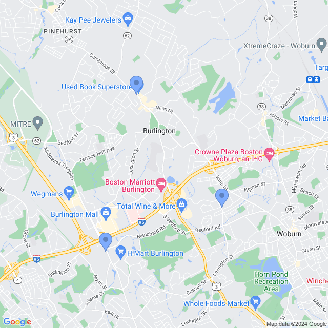 Map of veterinarians in Burlington, MA
