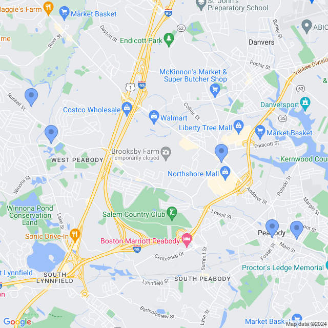 Map of veterinarians in Peabody, MA