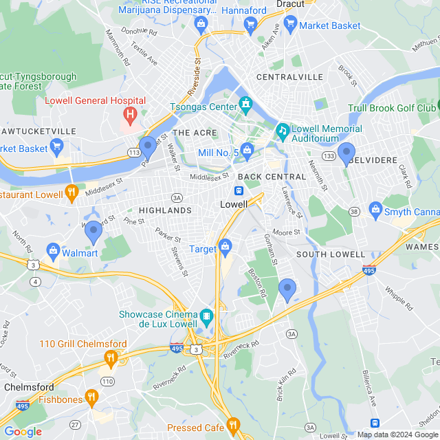 Map of veterinarians in Lowell, MA